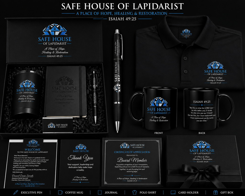 T-shirts, mugs, pens, journals and polo shirts